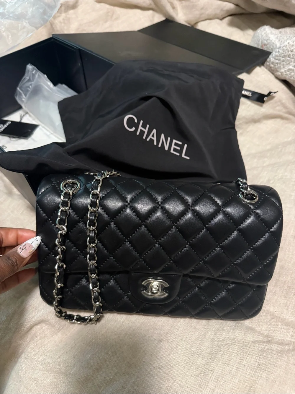 Classic Quilted Caviar Leather Double Flap Bag in Black (Medium size)